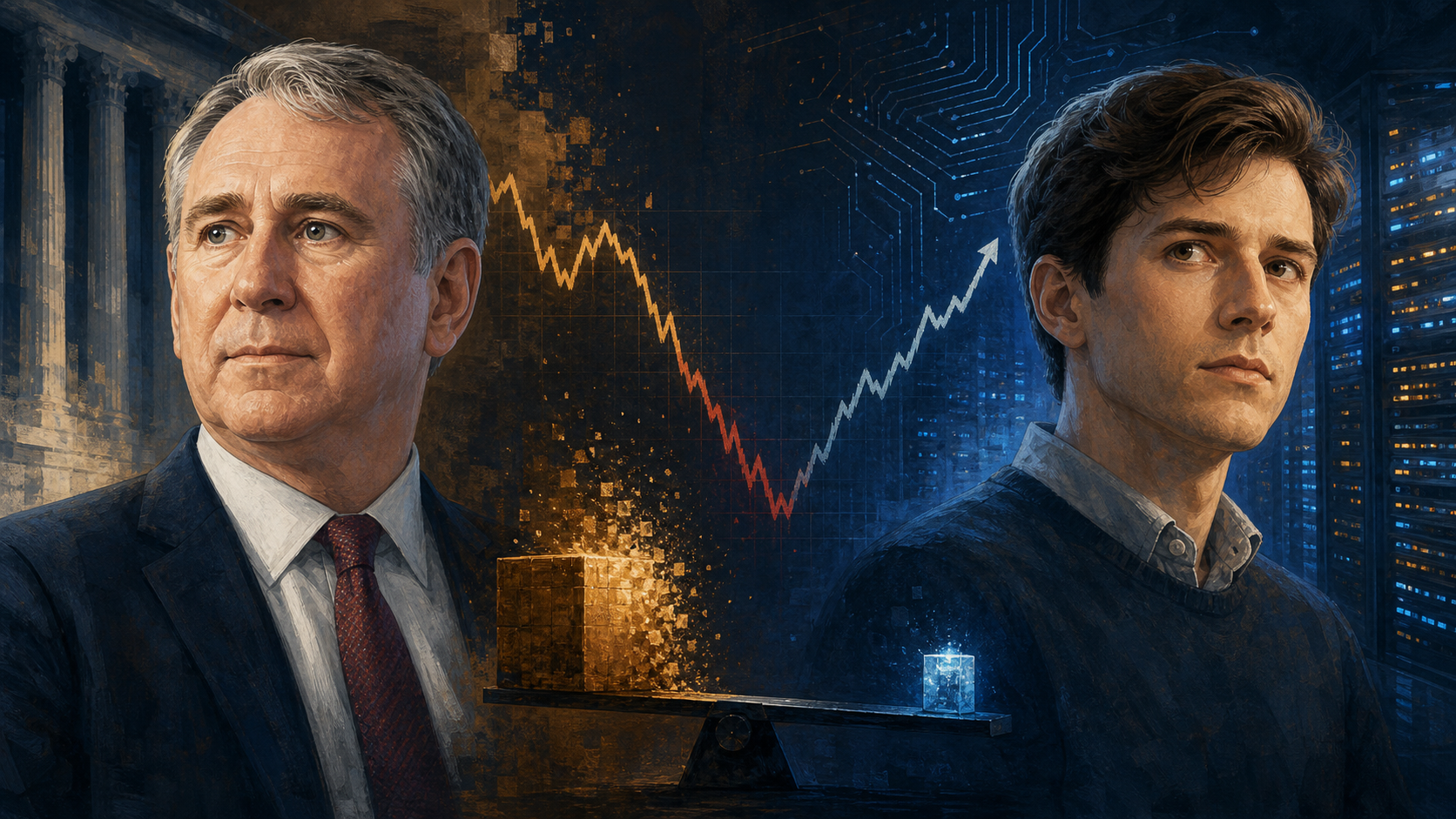 Editorial illustration of Ken Griffin and Leopold Aschenbrenner on opposite sides of a volatile AI-market chart, with data-center lights and semiconductor traces behind them